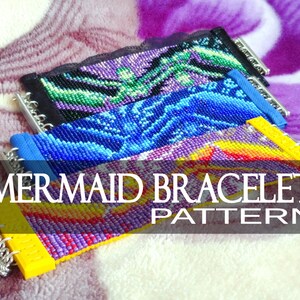 May include: Four colorful beaded bracelets with a mermaid theme. The bracelets are stacked on top of each other and feature a variety of colors, including purple, blue, green, and yellow. The text "MERMAID BRACELET PATTERN" is displayed across the bottom of the image.