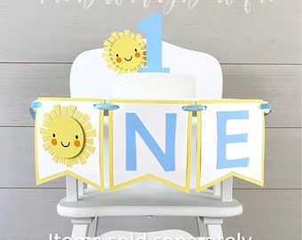 Sunshine 1st Birthday Boy High Chair Banner For First Trip Around The Sun Theme. Little Sunshine Highchair Sign and Cake Smash Party Decor.