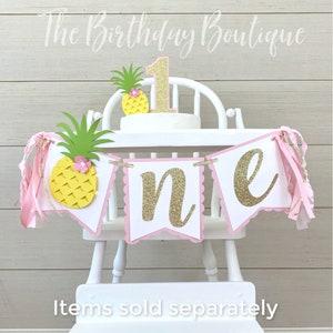 Pineapple High Chair Banner For Girl 1st Hawaiian Luau Birthday Party. Girl Tropical First Birthday Banner and Matching Party Decorations