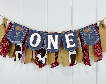 Cowboy 1st Birthday Boy High Chair Banner, First Rodeo Birthday Party Fabric Bunting Banner, Wild Western Theme First Smash Cake Wall Banner