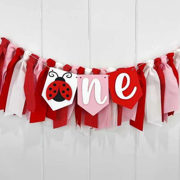 LadyBug 1st Birthday Girl High Chair Party Decoration, Little Love Bug Fabric Bunting Banner, First Cake Smash Wall Banner Photo Prop