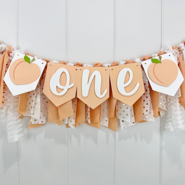 Peach 1st Birthday Girl High Chair Party Decoration, One Sweet Peach Fabric Bunting Banner, First Cake Smash Fruit Party Wall Photo Prop