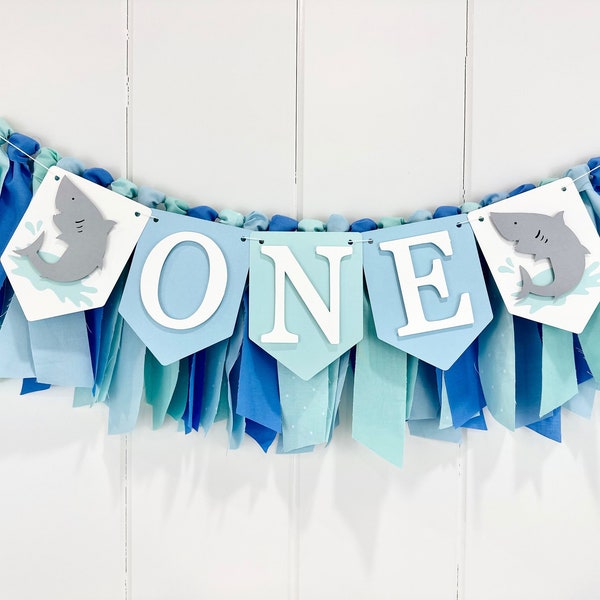 Shark 1st Birthday Boy High Chair Decoration, Summer Beach Birthday Party Fabric Bunting Banner, Surfer First Smash Cake Wall Photo Prop