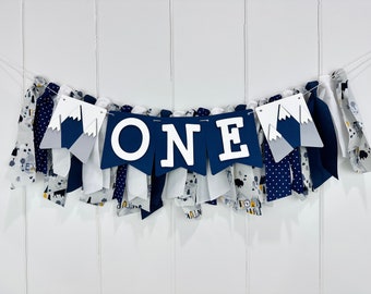 Mountain 1st Birthday Boy High Chair Banner, Adventure Awaits Birthday Party Fabric Bunting Decor, Wild One First Smash Cake Wall Banner