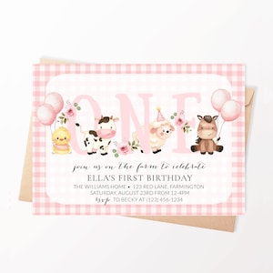 Girl Farm 1st Birthday Invitation Template. Pink Barnyard Farm Animal Editable Invite. Easy to Use and Print TODAY