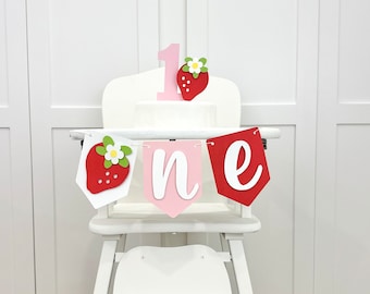 Strawberry 1st Birthday Girl High Chair Banner and Matching ONE Cake Topper
