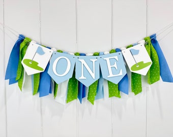 Golf 1st Birthday Boy High Chair Banner,  Hole In One Blue Birthday Party Fabric Bunting Banner, Sports First Smash Cake Wall Banner