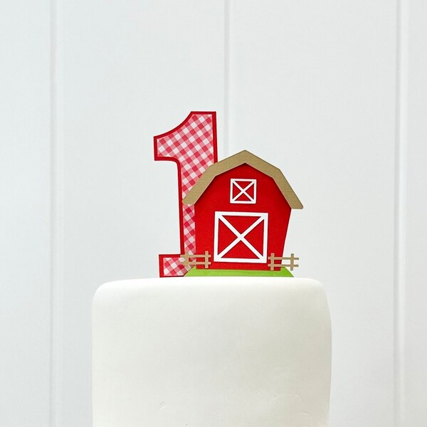 Farm First Birthday Cake Topper.  1st Birthday Barnyard Party. Red Barn Cake Centerpiece. Animal Farm Theme Party Decoration for Smash Cake.