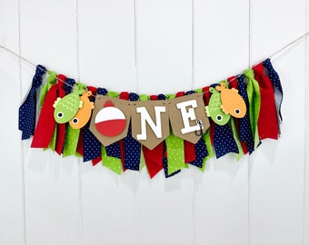 Fishing 1st Birthday High Chair Banner, O' Fish ally ONE Birthday Party Fabric Bunting Banner, Fishing Hole First Smash Cake Wall Banner