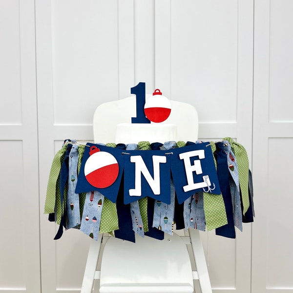 Fishing 1st Birthday Boy High Chair Banner, The Big One Birthday Party Fabric Bunting Banner, O' fishally ONE First Smash Cake Wall Banner