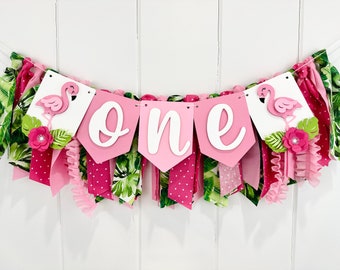 Flamingo 1st Birthday Girl High Chair Decoration, Tropical Birthday Fabric Bunting Banner, Hawaiian Luau First Smash Cake Wall Photo Prop