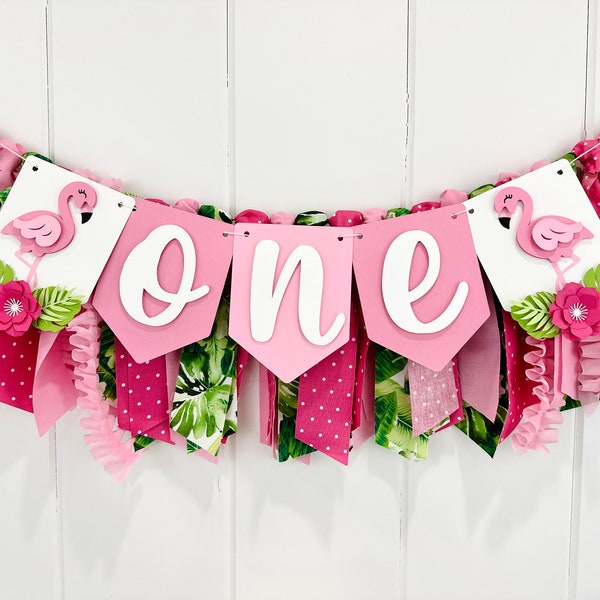 Flamingo 1st Birthday Girl High Chair Decoration, Tropical Birthday Fabric Bunting Banner, Hawaiian Luau First Smash Cake Wall Photo Prop