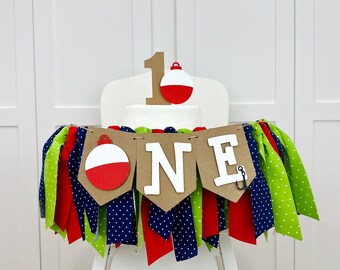 Fishing 1st Birthday High Chair Banner, Fishing Bobber Birthday Party Fabric Bunting Decoration, O' Fish ally First Smash Cake Wall Banner