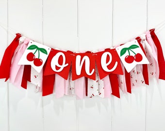 Cherry 1st Birthday Girl High Chair Banner, Sweet One Birthday Party Fabric Bunting Party Decor, Cherry First Smash Cake Wall Banner