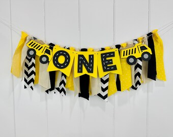 Construction 1st Birthday Boy High Chair Banner, Dump Truck Birthday Party Fabric Bunting Wall Decor, First Smash Cake Photo Prop