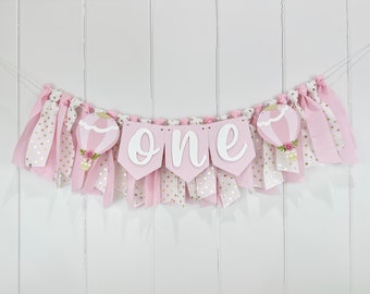 Hot Air Balloon 1st Birthday Girl High Chair Banner, Up, Up and Away Birthday Party Fabric Bunting Banner, Adventure Awaits Smash Cake Party