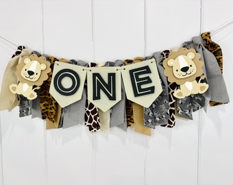 Safari 1st Birthday Boy High Chair Banner, Baby Lion Neutral Birthday Party Fabric Bunting Banner, Wild One First Smash Cake Wall Banner