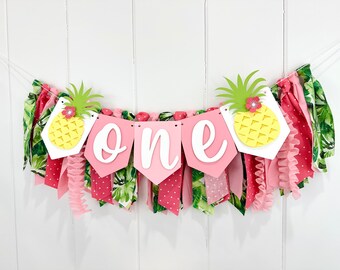 Pineapple 1st Birthday Girl High Chair Banner, Hawaiian Tropical Fabric Bunting Tassel Banner, Pineapple First Smash Cake Wall Decoration