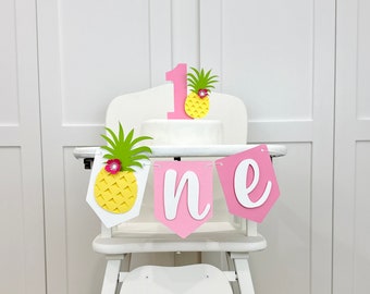 Tropical 1st Birthday Girl Highchair Banner, Pineapple ONE Birthday Banner, Hawaiian First Birthday Party Decor, First Cake Smash Party