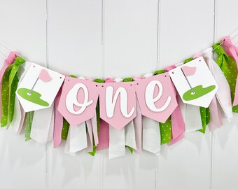 Golf 1st Birthday Girl High Chair Banner, Hole in One Pink Birthday Party Fabric Tassel Banner, Par-tee Smash Cake Wall Banner