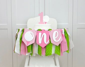 Golf 1st Birthday Girl High Chair Banner, Hole In ONE Birthday Party Bunting Banner Decorations, Sports First Smash Cake Wall Banner