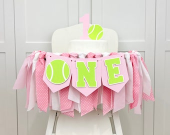 Tennis 1st Birthday Girl High Chair Banner, Sports Fabric Tassel Banner, Pink Tennis First Birthday Party Theme, Cake Smash Wall Banner