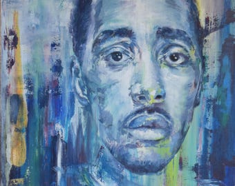 Expressive portrait painting. Blue. Contemporary oil painting.