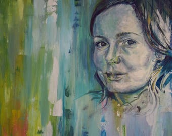 Expressive portrait painting. Green blue aqua. Contemporary oil painting.