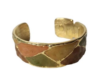 les Bernard Multicolor Enamel Bracelet Hinged Cuff Signed