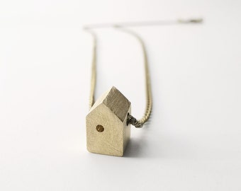 House necklace, gold-colored pendant, house pendant. Minimalist necklace, romantic home gift. Stylized house, craftsmanship.