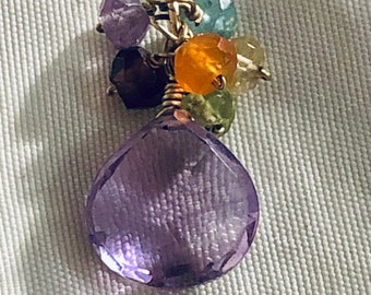 Solid 14k Yellow Gold Amethyst  Pendant Necklace with Garnet, Citrine, Peridot & Blue Topaz accents,