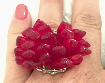 Fun Red Glass Silver Wire Art Ring