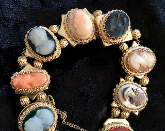 Antique  Solid 14K Yellow Gold Cameo Link Chain Bracelet 8 1/2&quot;