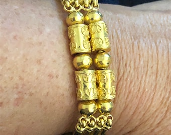 Vintage Solid 24K Yellow Gold Bamboo Bar & Bead Design Link Bracelet 7 1/2"