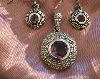 Vintage .925 Sterling Silber Amethyst Halskette Anhänger & Ohrring Set