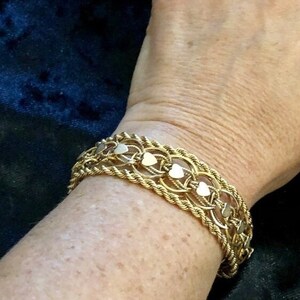 Vintage  Solid 14K Yellow Gold  Heart Rope Chain Design Link Bracelet 7 1/2&quot;
