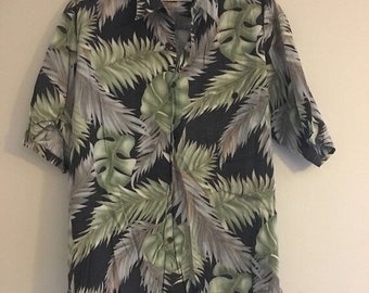 Vintage Tori Richard Hawaiian Aloha Camisa Negro Verde Gris Hojas de Palma Hombre L