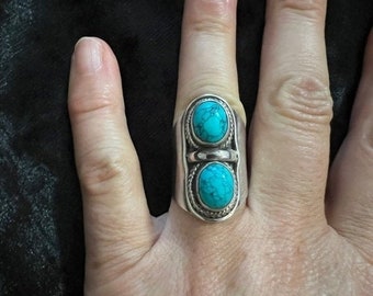 Vintage Native American .925 Sterling Silver Spider Web Double Turquoise Ring Size 6