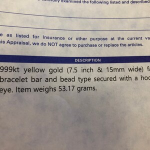 Puede incluir: Pulsera de oro amarillo de 999kt con un dise&ntilde;o de barra y cuentas. La pulsera mide 7,5 pulgadas de largo y 15 mil&iacute;metros de ancho. Est&aacute; asegurada con un cierre de gancho y ojo. La pulsera pesa 53,17 gramos.