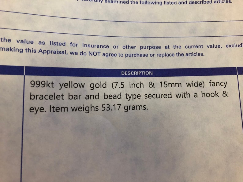 Puede incluir: Pulsera de oro amarillo de 999kt con un dise&ntilde;o de barra y cuentas. La pulsera mide 7,5 pulgadas de largo y 15 mil&iacute;metros de ancho. Est&aacute; asegurada con un cierre de gancho y ojo. La pulsera pesa 53,17 gramos.