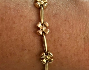 Vintage 18K Tri Color Flower Bar Link Bracelet 7 1/2&quot;