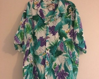 Vintage Paradijs Gevonden Hawaiian Camp Aloha Shirt Paars &Teal Hibiscus Heren Large