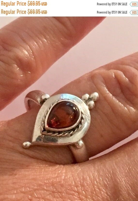 Solid Sterling Silver Amber Pear Stone Ring Size 8 - image 1