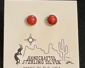 Sterling Silver Red Coral Bead Flower Stud Earrings