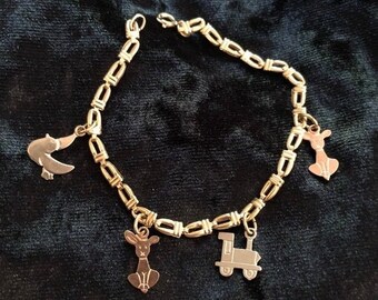 Vintage Solid 18K Tri Color Animal Charm Link Bracelet 7 1/2&quot;