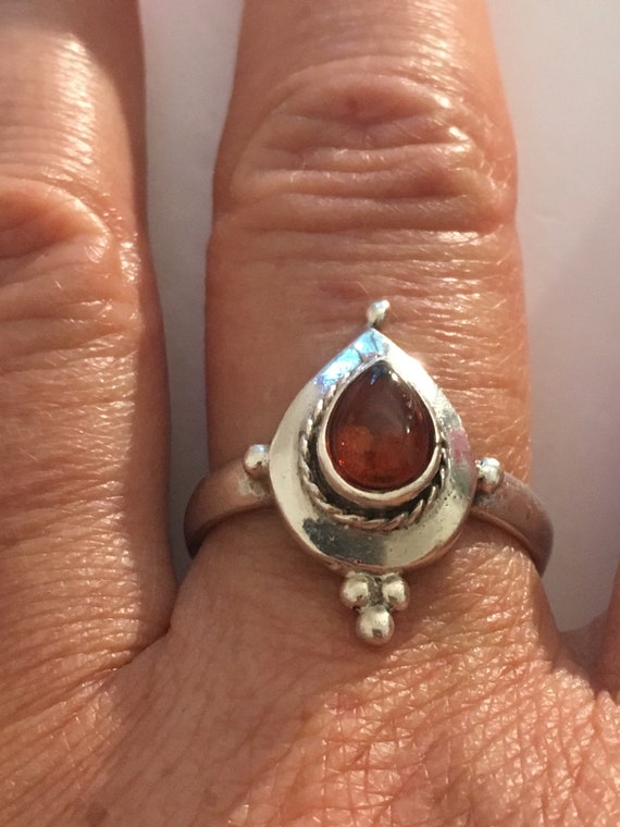 Solid Sterling Silver Amber Pear Stone Ring Size 8 - image 2