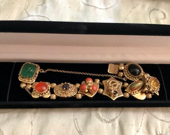 Antique  Solid 14K Yellow Gold Slide Link Multi Gemstone Chain Bracelet 7 1/2&quot;