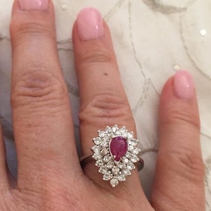Vintage Solid 14K White Gold Genuine Ruby & Diamond Cocktail Ring Size 5 3/4