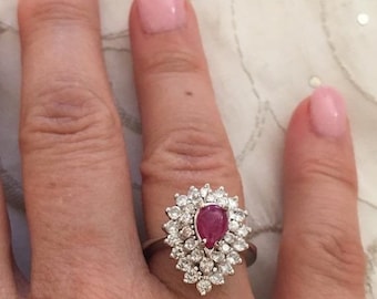 Vintage massief 14 kt witgoud echte robijn en diamanten cocktailring maat 5 3/4