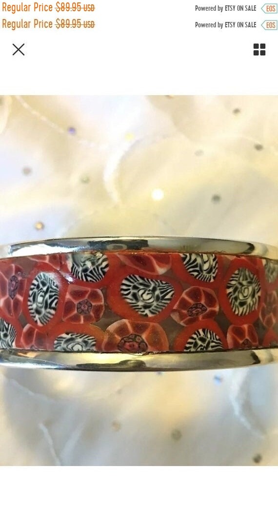 Vintage Artisan Sterling Silver Multicolor Polymer Clay Cuff Bangle Bracelet 43g